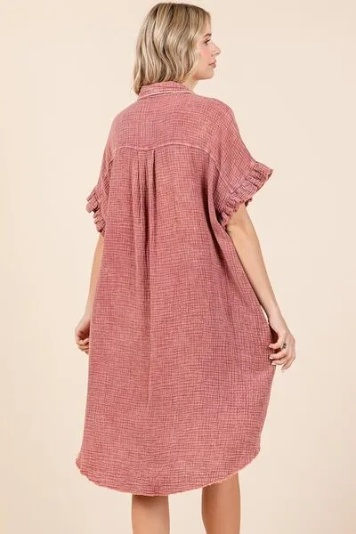 Rust Color Mineral Wash Cotton Gauze Mini Shirt Dress