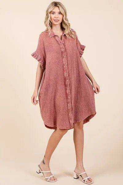 Rust Color Mineral Wash Cotton Gauze Mini Shirt Dress