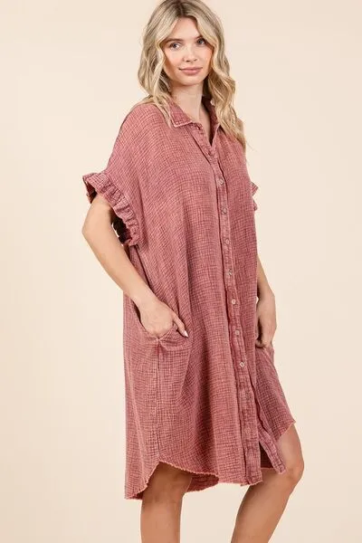 Rust Color Mineral Wash Cotton Gauze Mini Shirt Dress