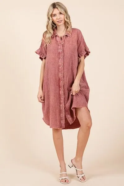 Rust Color Mineral Wash Cotton Gauze Mini Shirt Dress