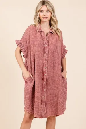 Rust Color Mineral Wash Cotton Gauze Mini Shirt Dress