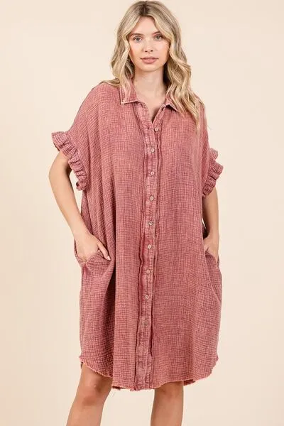 Rust Color Mineral Wash Cotton Gauze Mini Shirt Dress