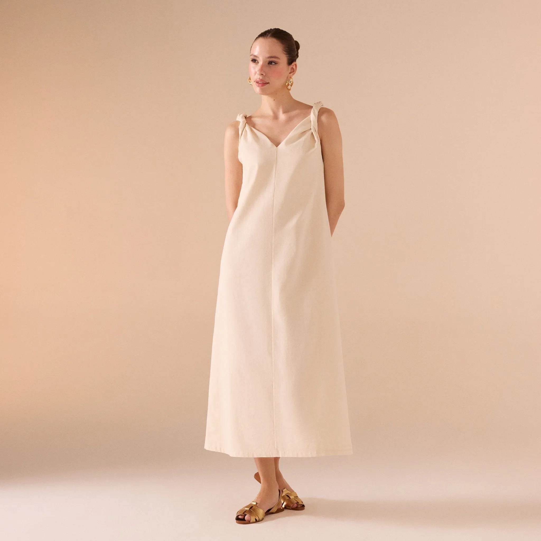Sleeveless Loose Midi Dress in Linen Cotton Blend