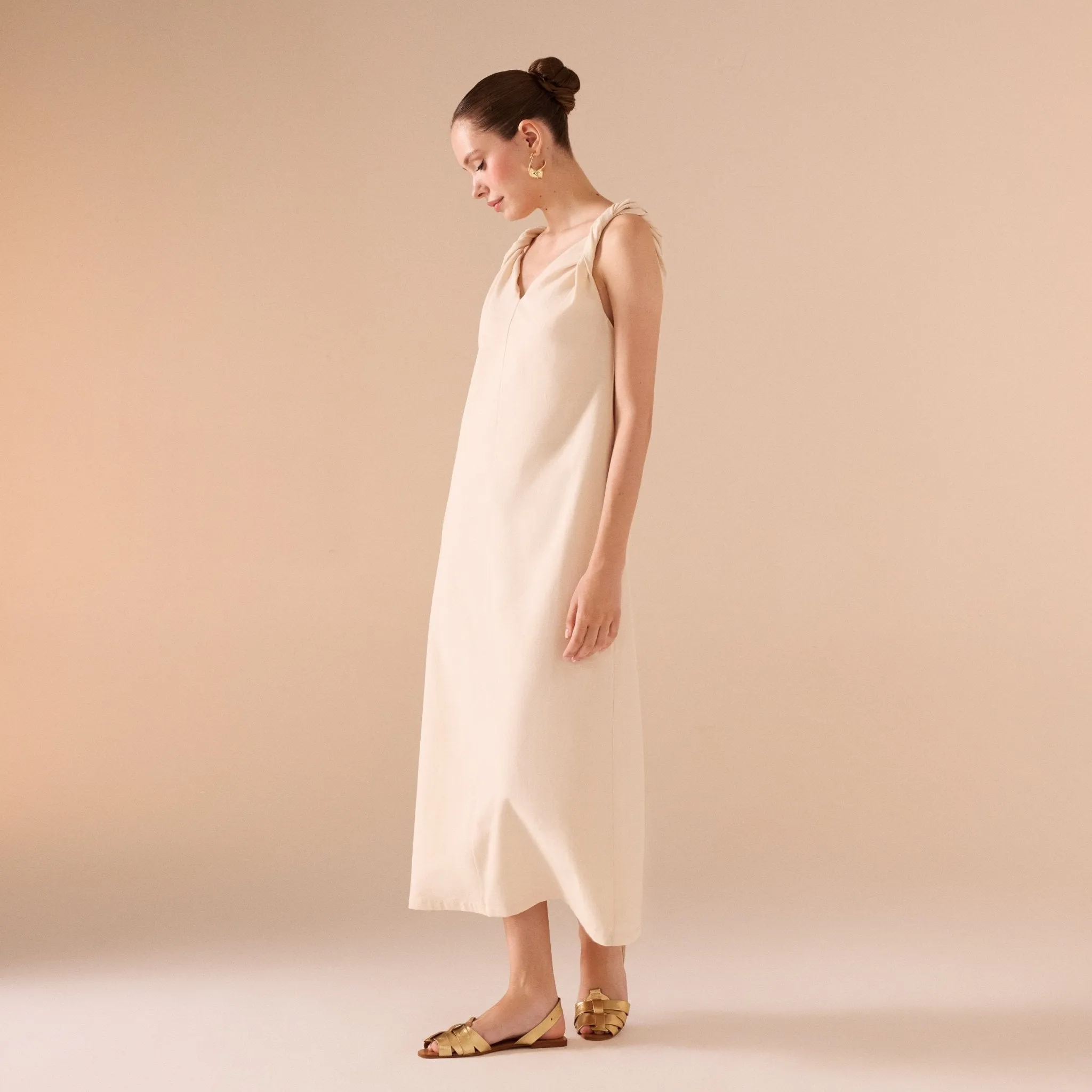 Sleeveless Loose Midi Dress in Linen Cotton Blend