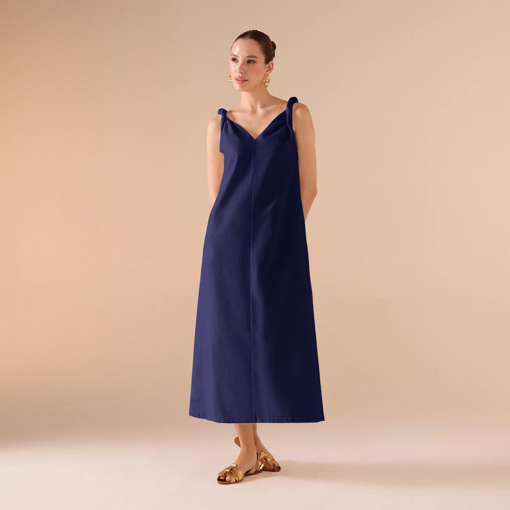 Sleeveless Loose Midi Dress in Linen Cotton Blend