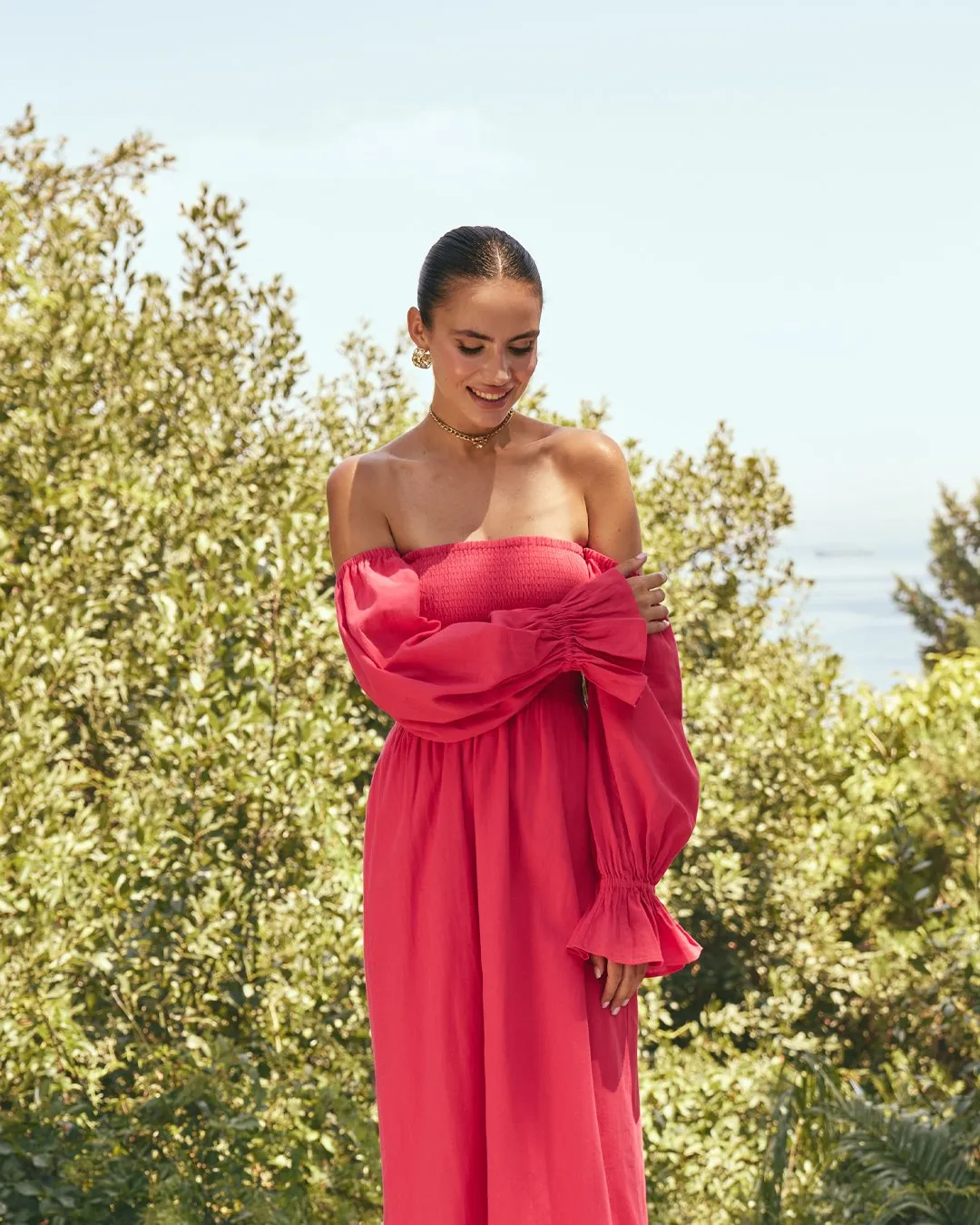 Smocked-Bodice Poet-Sleeve Midi Dress in Linen Cotton Blend