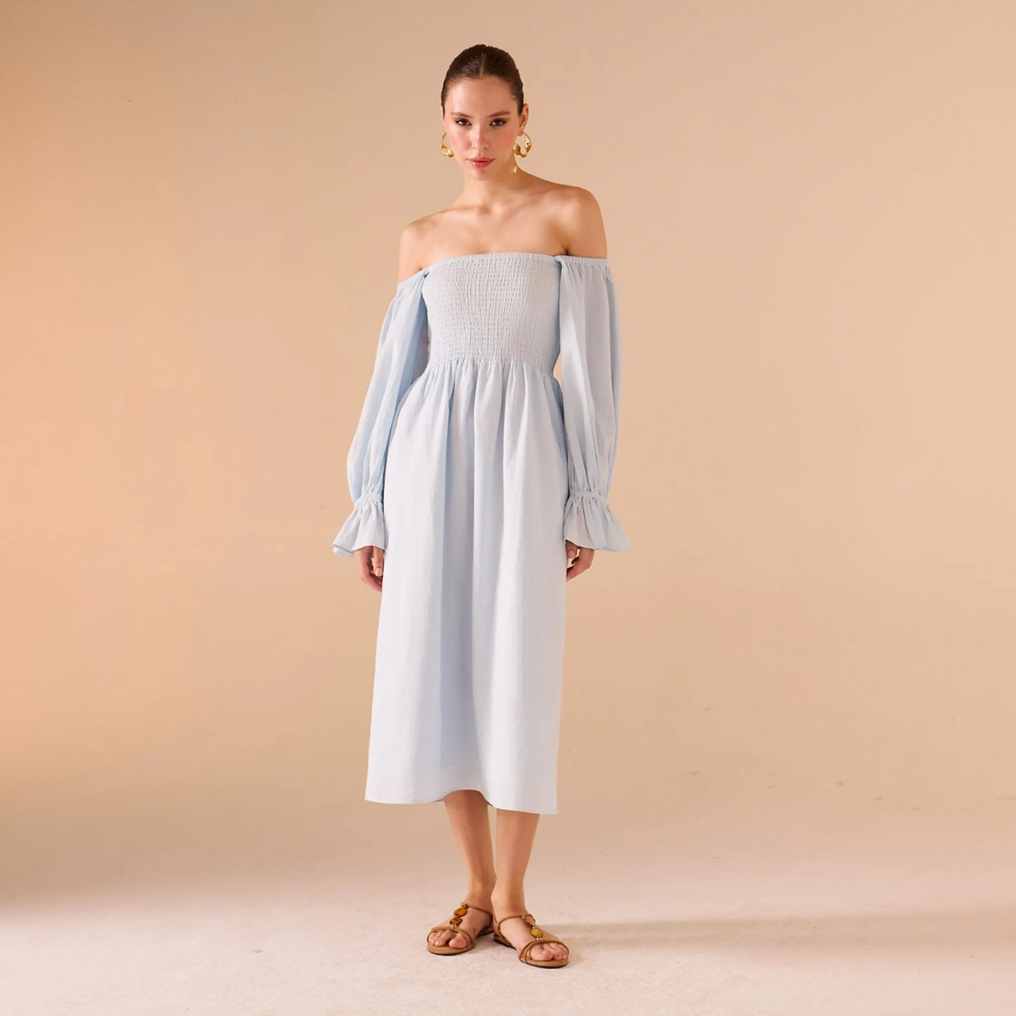 Smocked-Bodice Poet-Sleeve Midi Dress in Linen Cotton Blend