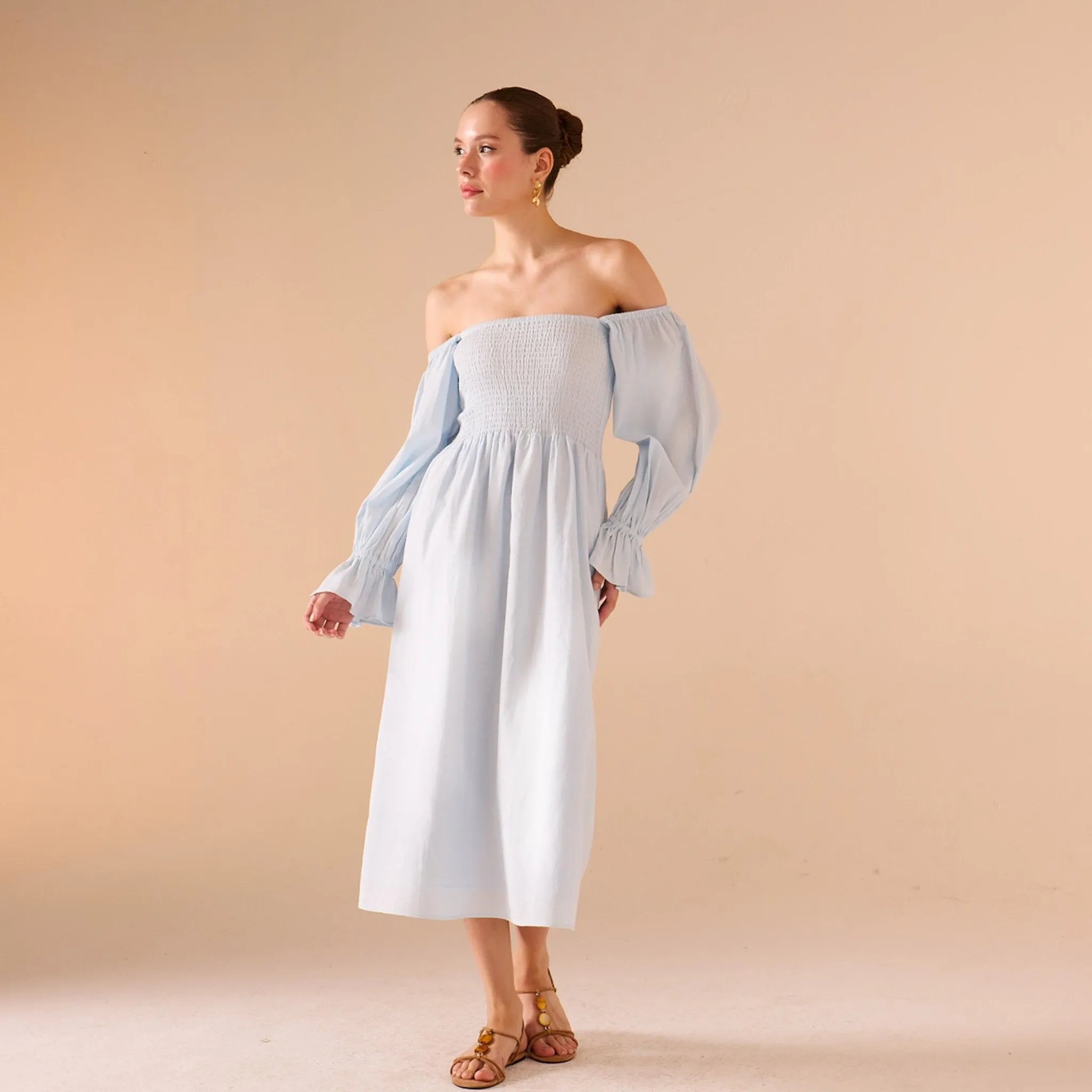 Smocked-Bodice Poet-Sleeve Midi Dress in Linen Cotton Blend