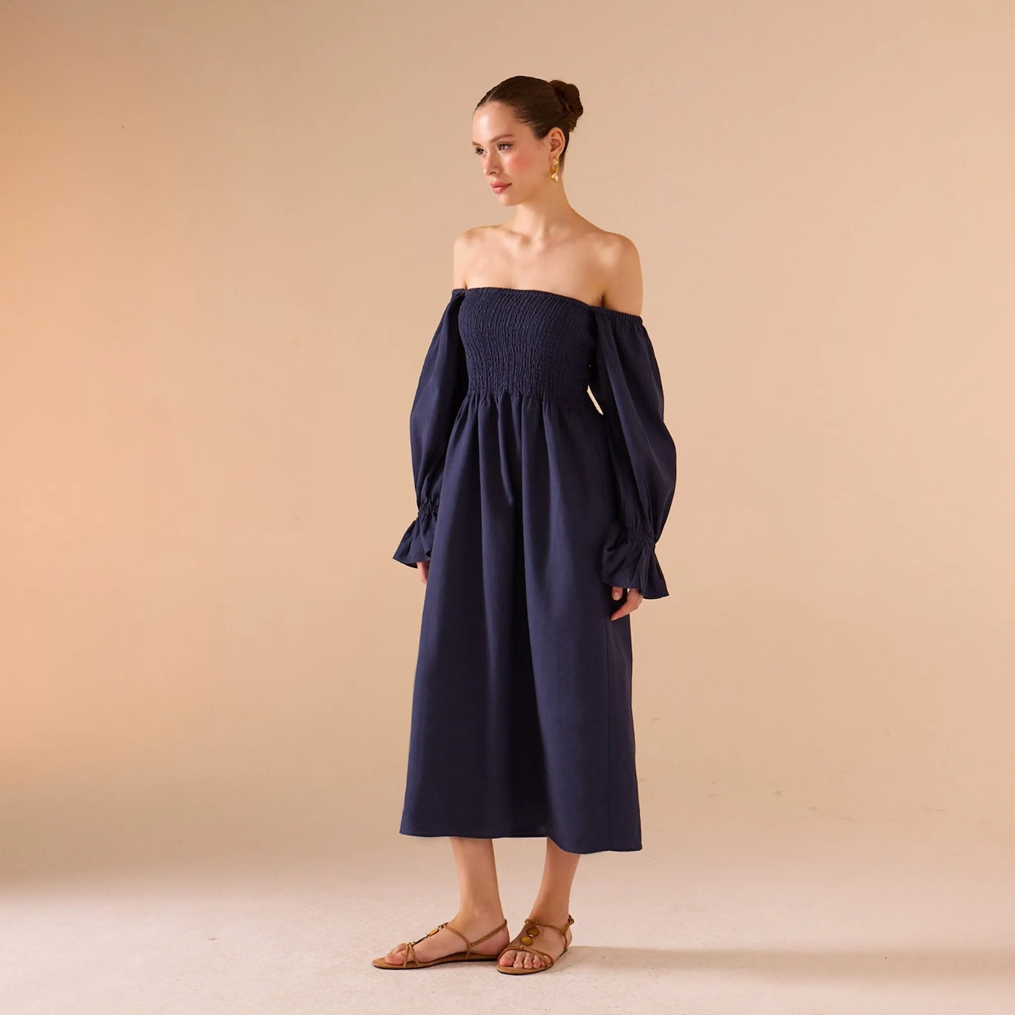 Smocked-Bodice Poet-Sleeve Midi Dress in Linen Cotton Blend