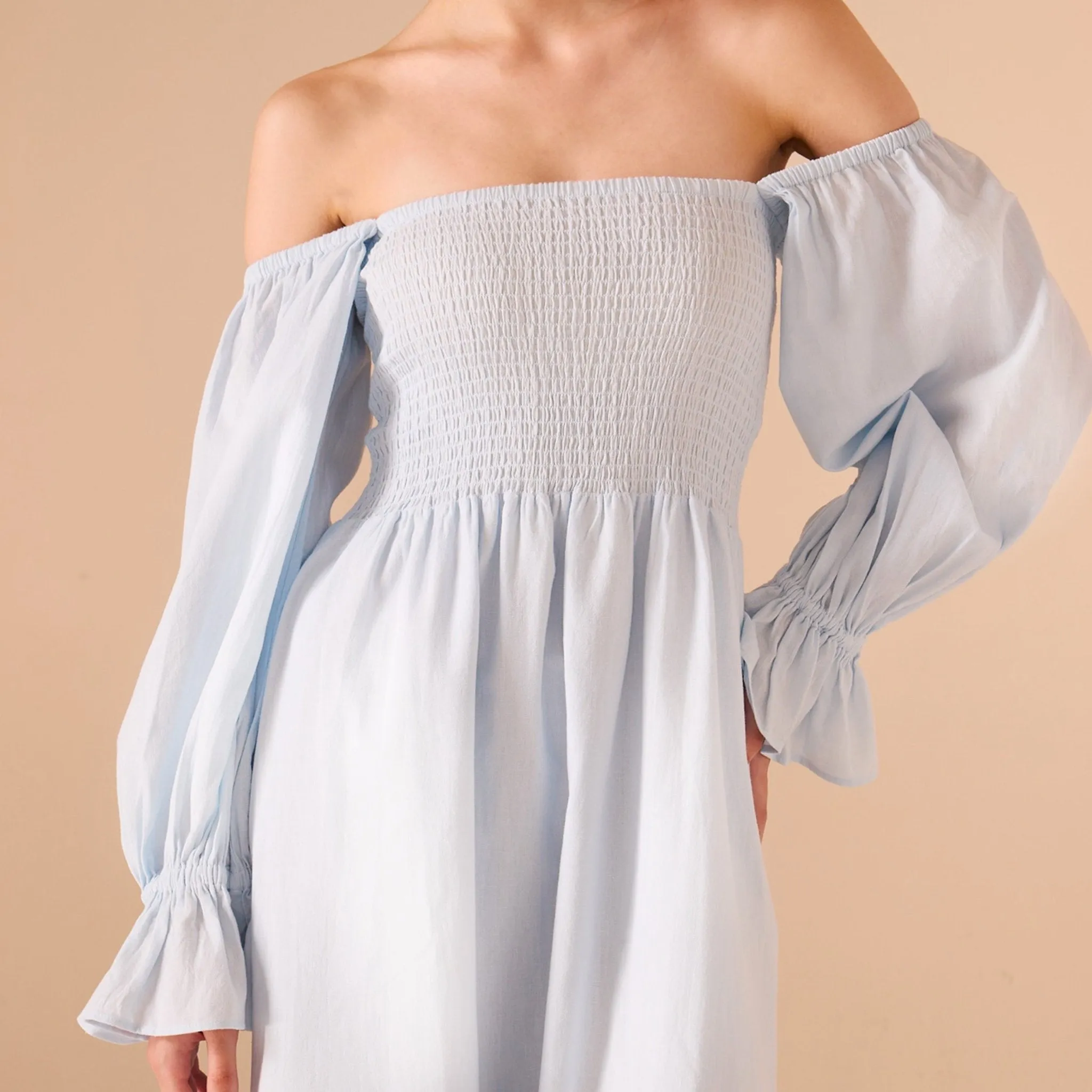 Smocked-Bodice Poet-Sleeve Midi Dress in Linen Cotton Blend