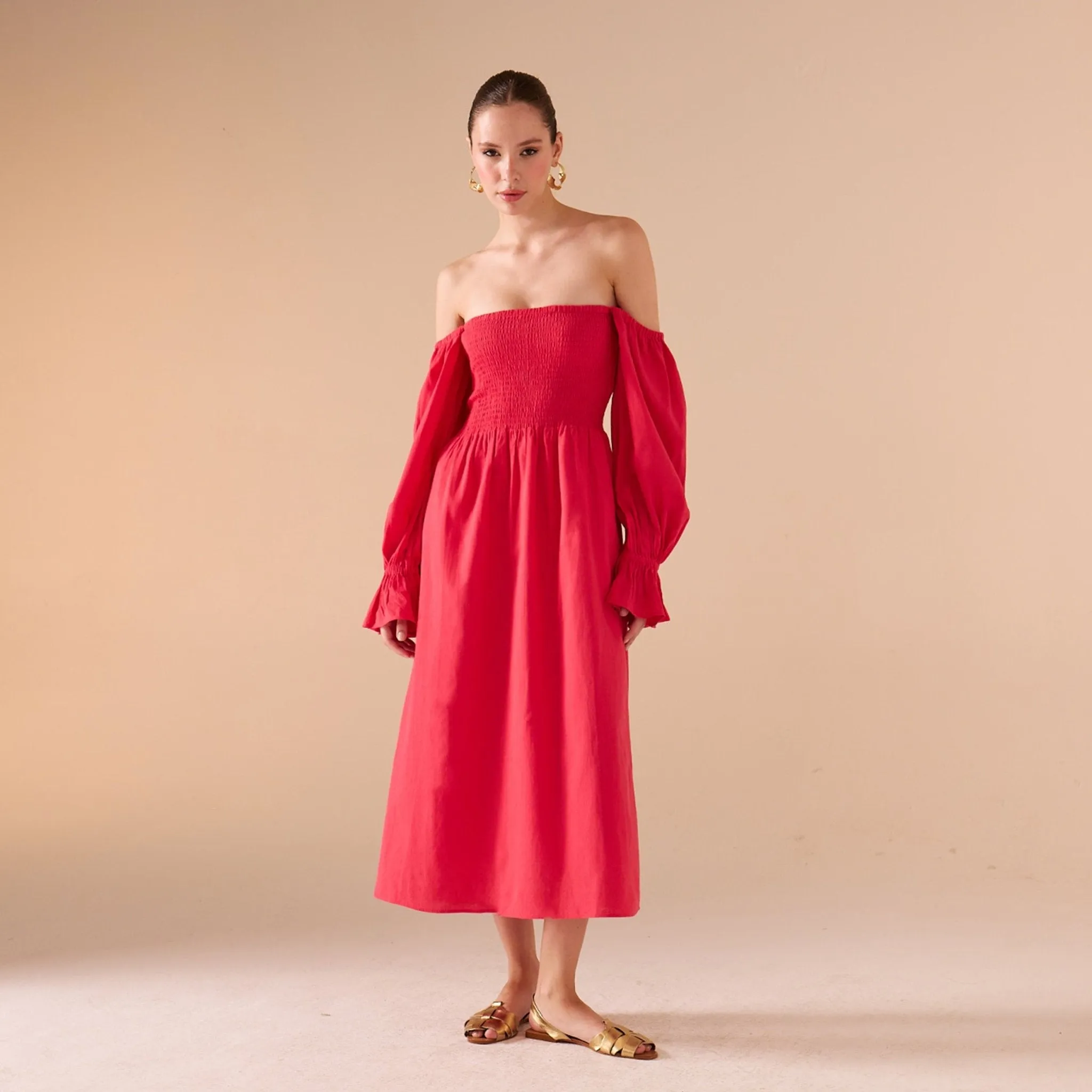 Smocked-Bodice Poet-Sleeve Midi Dress in Linen Cotton Blend