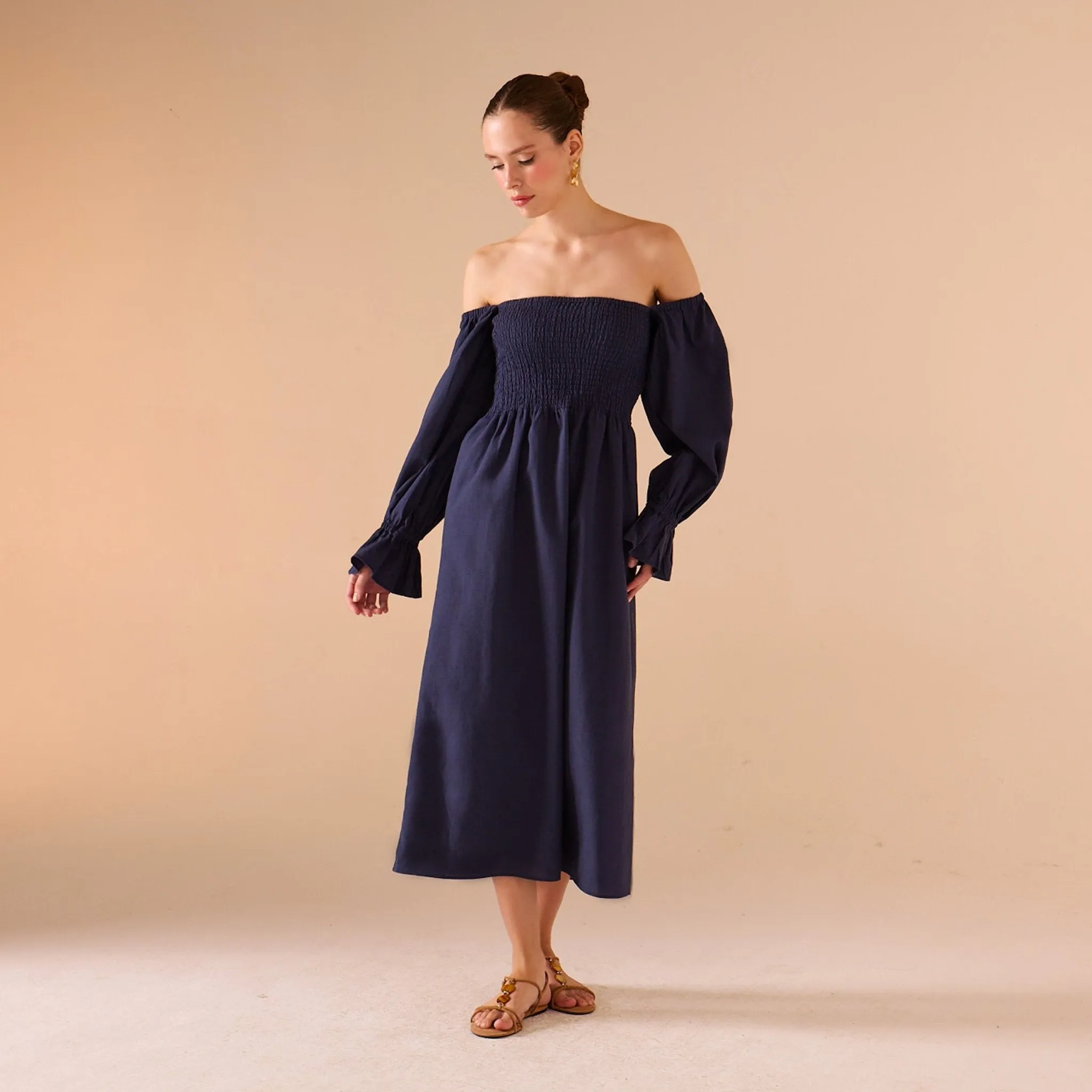 Smocked-Bodice Poet-Sleeve Midi Dress in Linen Cotton Blend