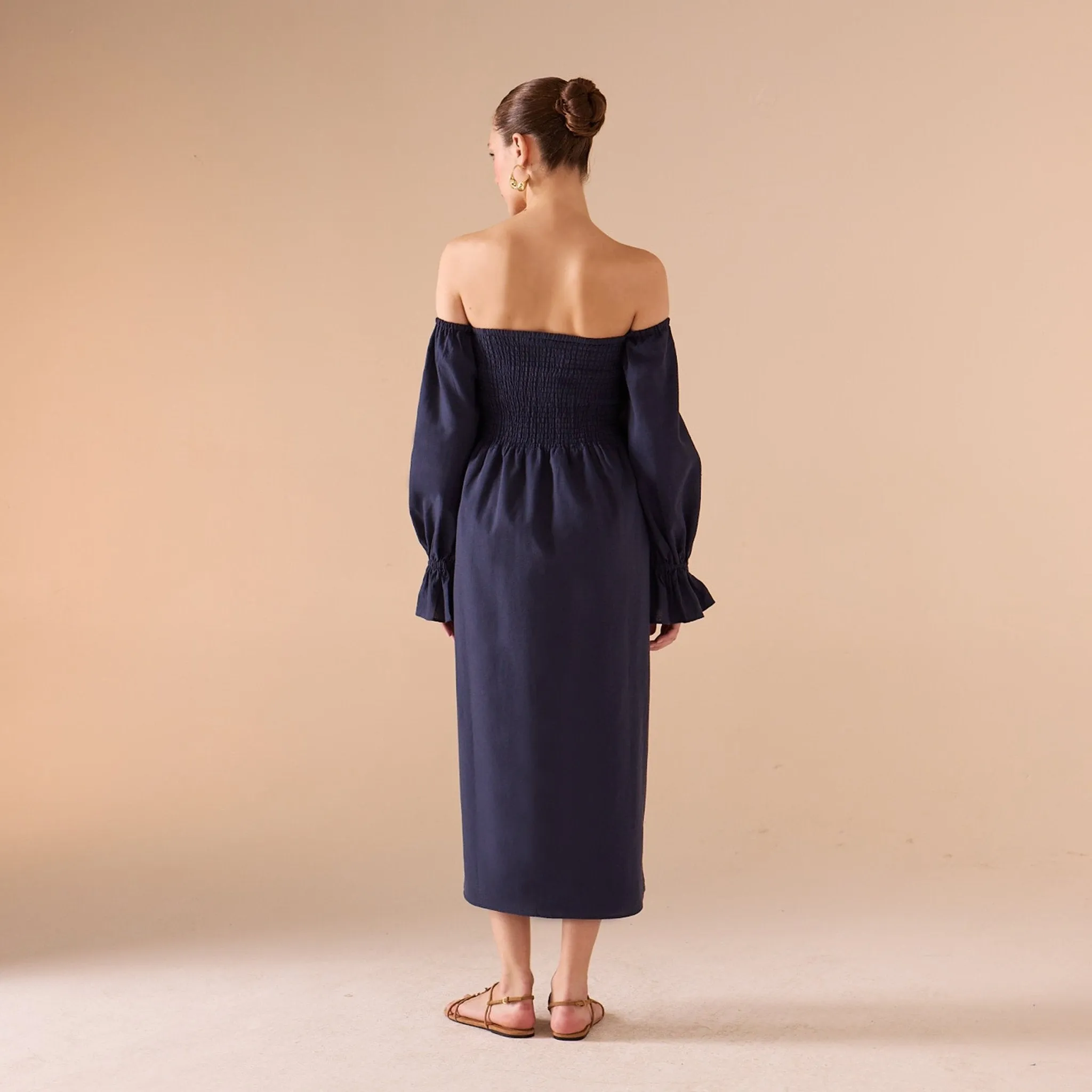 Smocked-Bodice Poet-Sleeve Midi Dress in Linen Cotton Blend