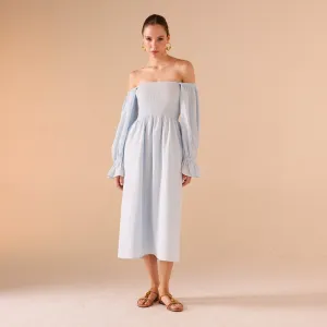 Smocked-Bodice Poet-Sleeve Midi Dress in Linen Cotton Blend