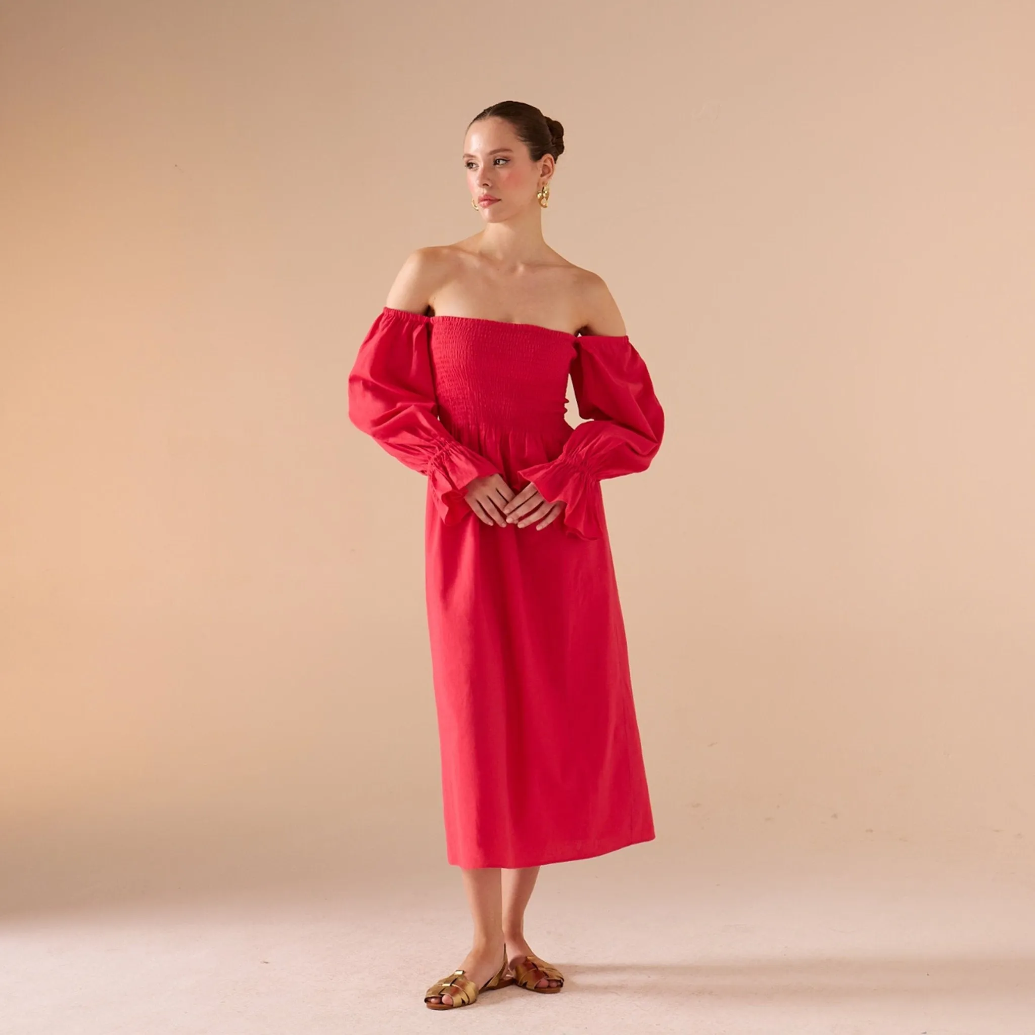 Smocked-Bodice Poet-Sleeve Midi Dress in Linen Cotton Blend