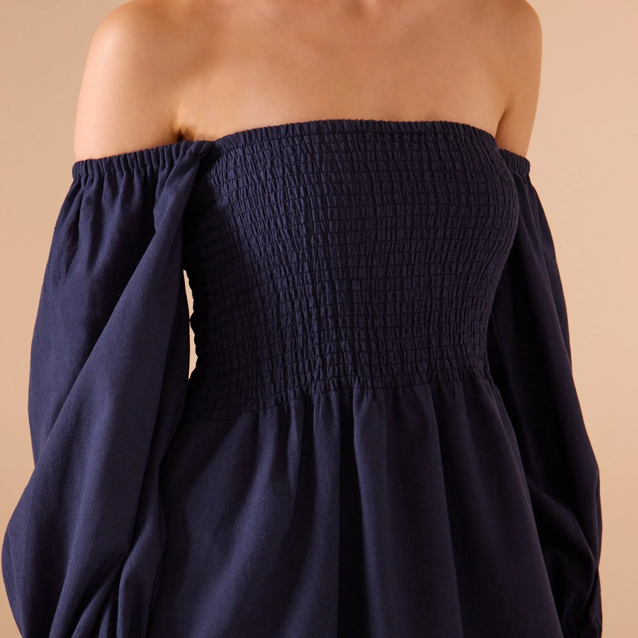Smocked-Bodice Poet-Sleeve Midi Dress in Linen Cotton Blend