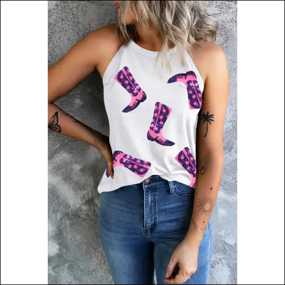 Sparkle & Shine Sequin Boots Round Neck Tank