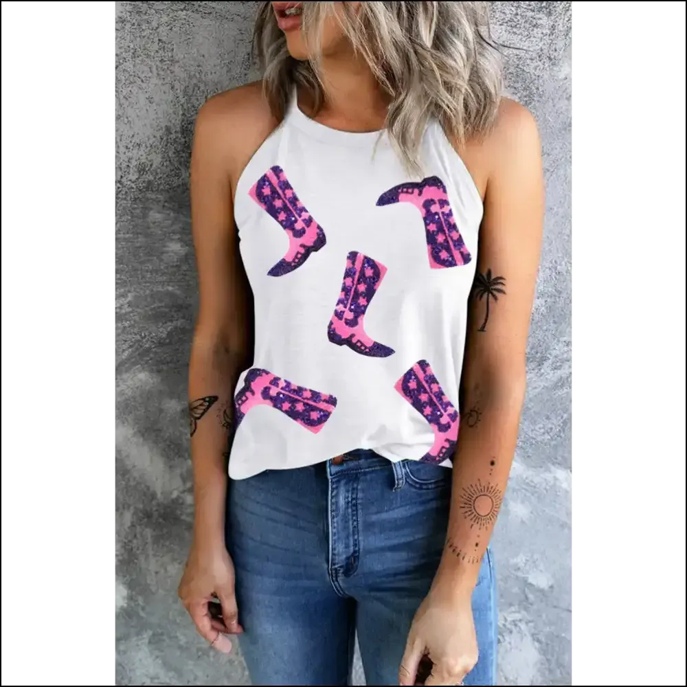 Sparkle & Shine Sequin Boots Round Neck Tank