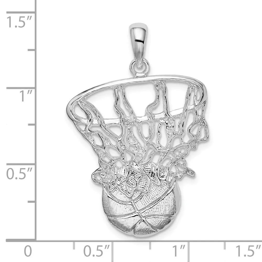 Sterling Silver Polished Basketball in Net Pendant