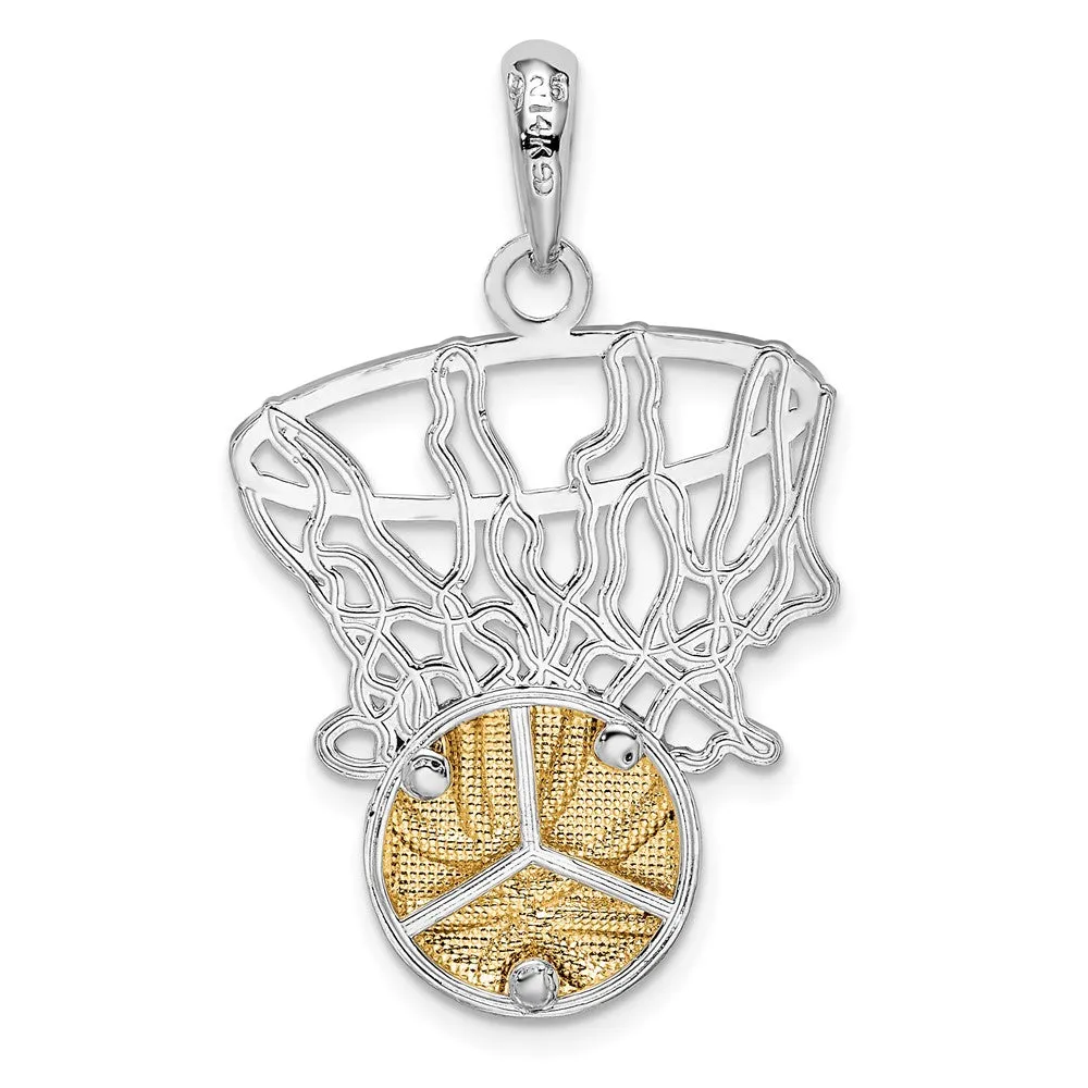 Sterling Silver Polished Net w/14k Basketball Pendant