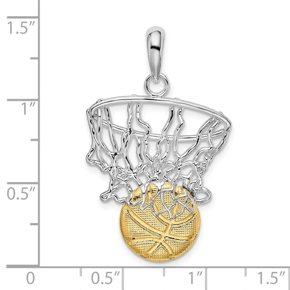 Sterling Silver Polished Net w/14k Basketball Pendant
