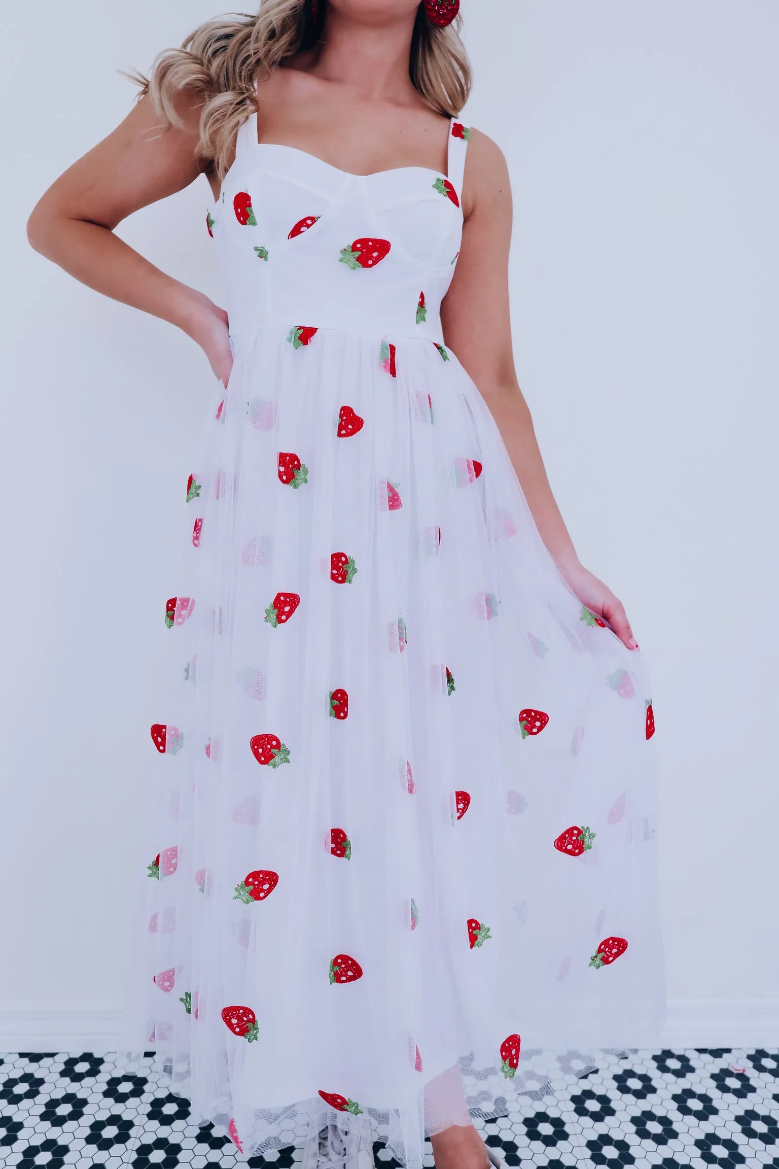 Strawberry Patch Tulle Midi Dress