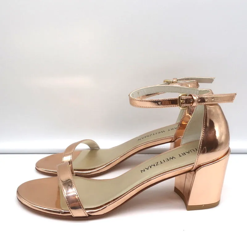 Stuart Weitzman Simple Sandals Rose Gold Metallic Leather Size 7N Block Heel NEW