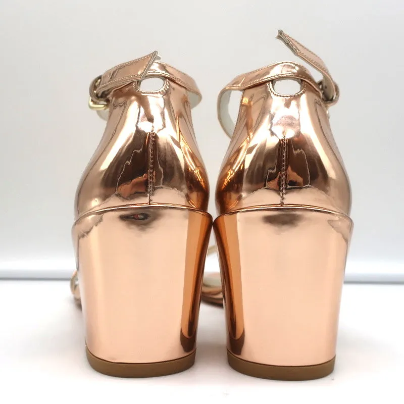 Stuart Weitzman Simple Sandals Rose Gold Metallic Leather Size 7N Block Heel NEW