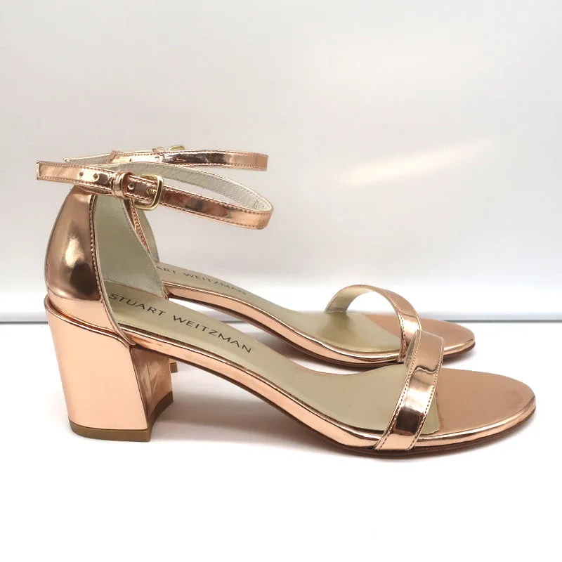 Stuart Weitzman Simple Sandals Rose Gold Metallic Leather Size 7N Block Heel NEW