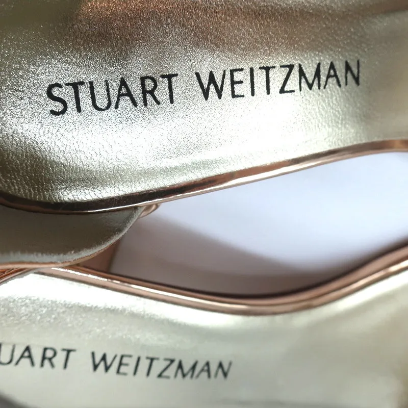 Stuart Weitzman Simple Sandals Rose Gold Metallic Leather Size 7N Block Heel NEW