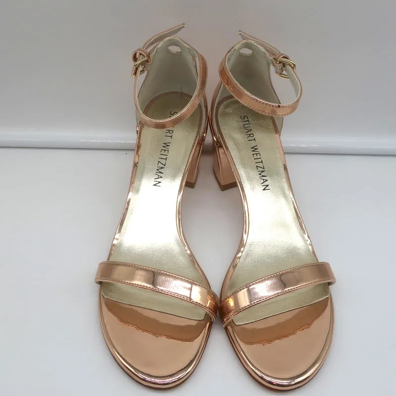 Stuart Weitzman Simple Sandals Rose Gold Metallic Leather Size 7N Block Heel NEW