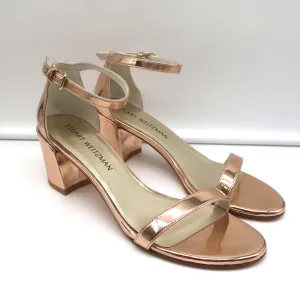 Stuart Weitzman Simple Sandals Rose Gold Metallic Leather Size 7N Block Heel NEW