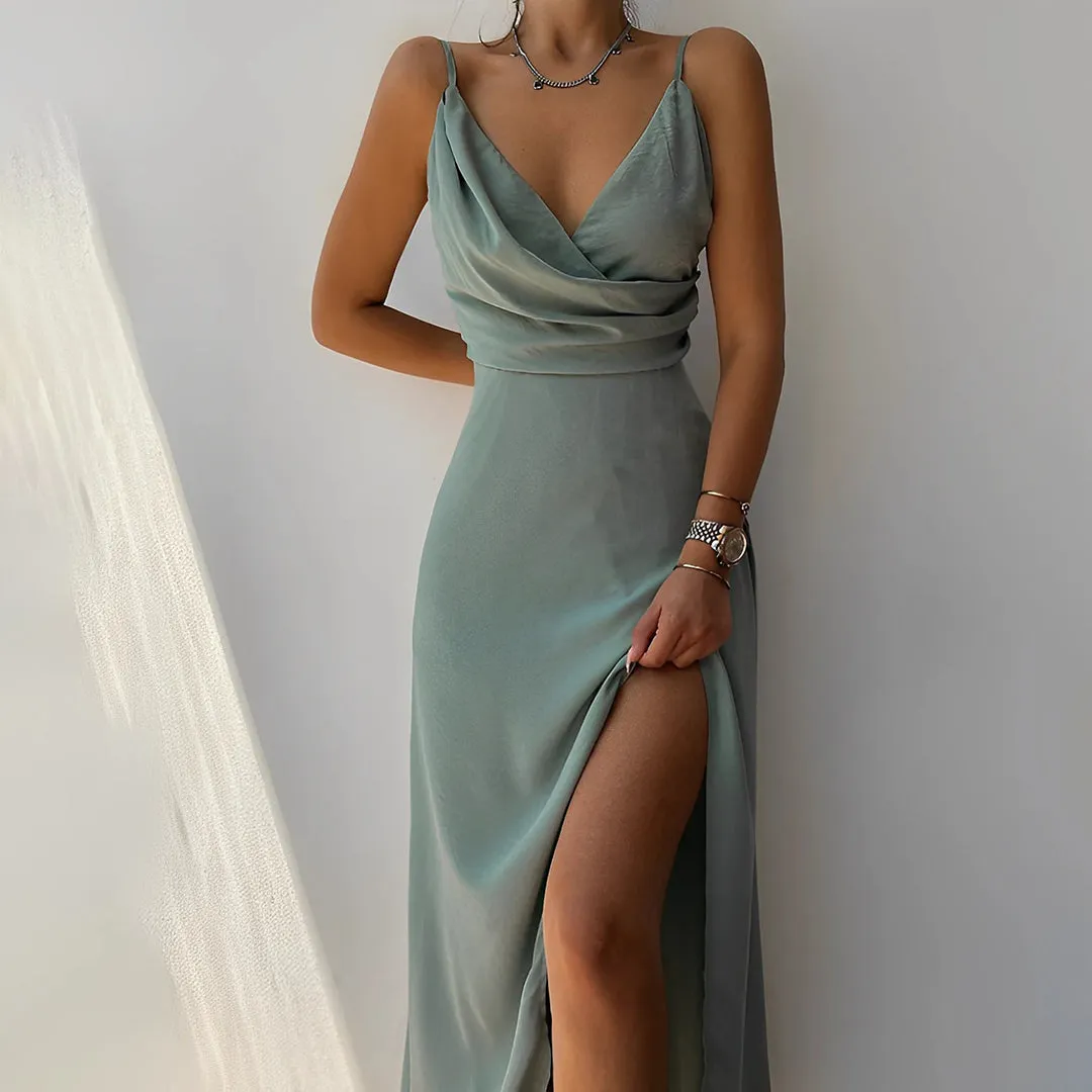 Stylish Long Summer Dress for Women with Deep V-Neck and Split