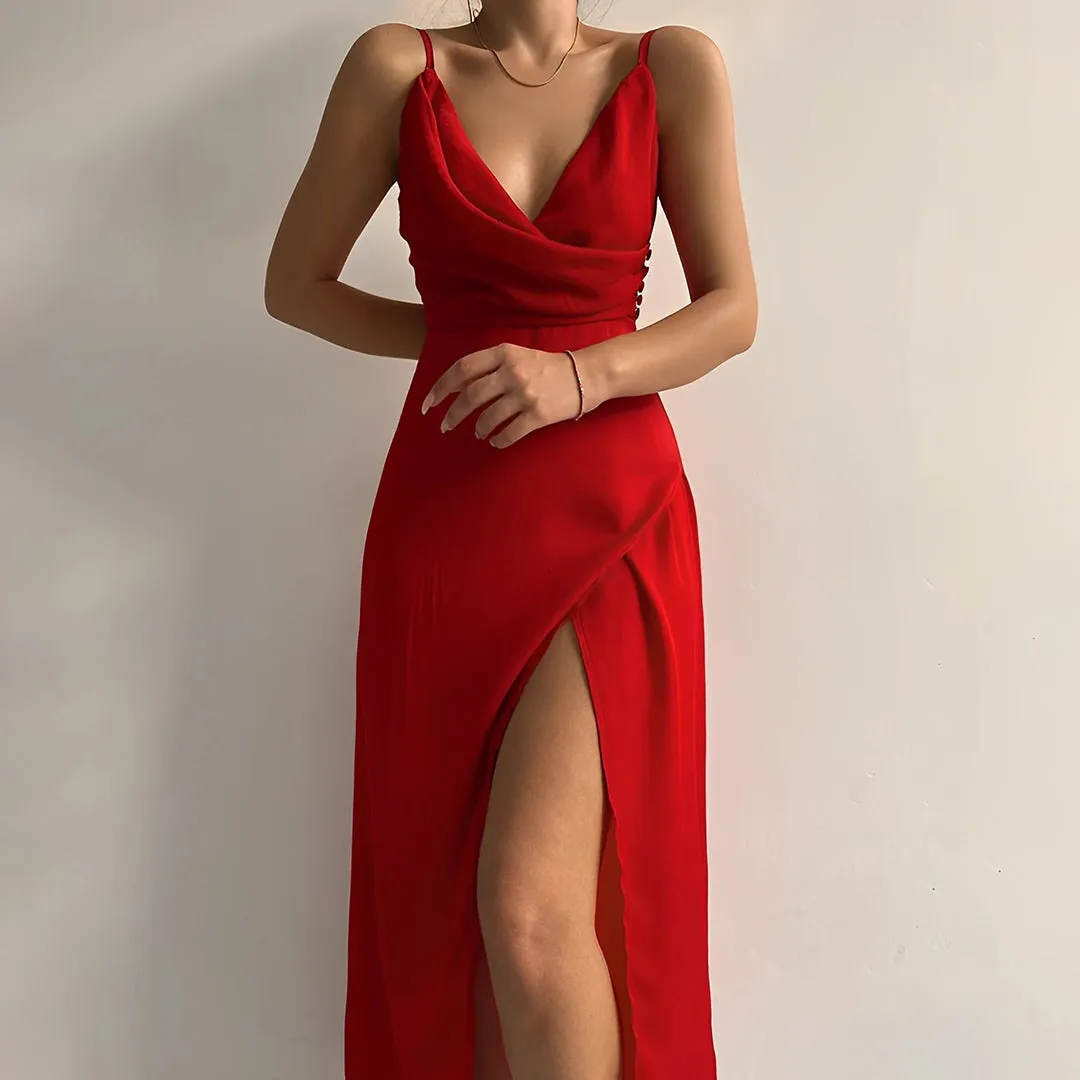 Stylish Long Summer Dress for Women with Deep V-Neck and Split