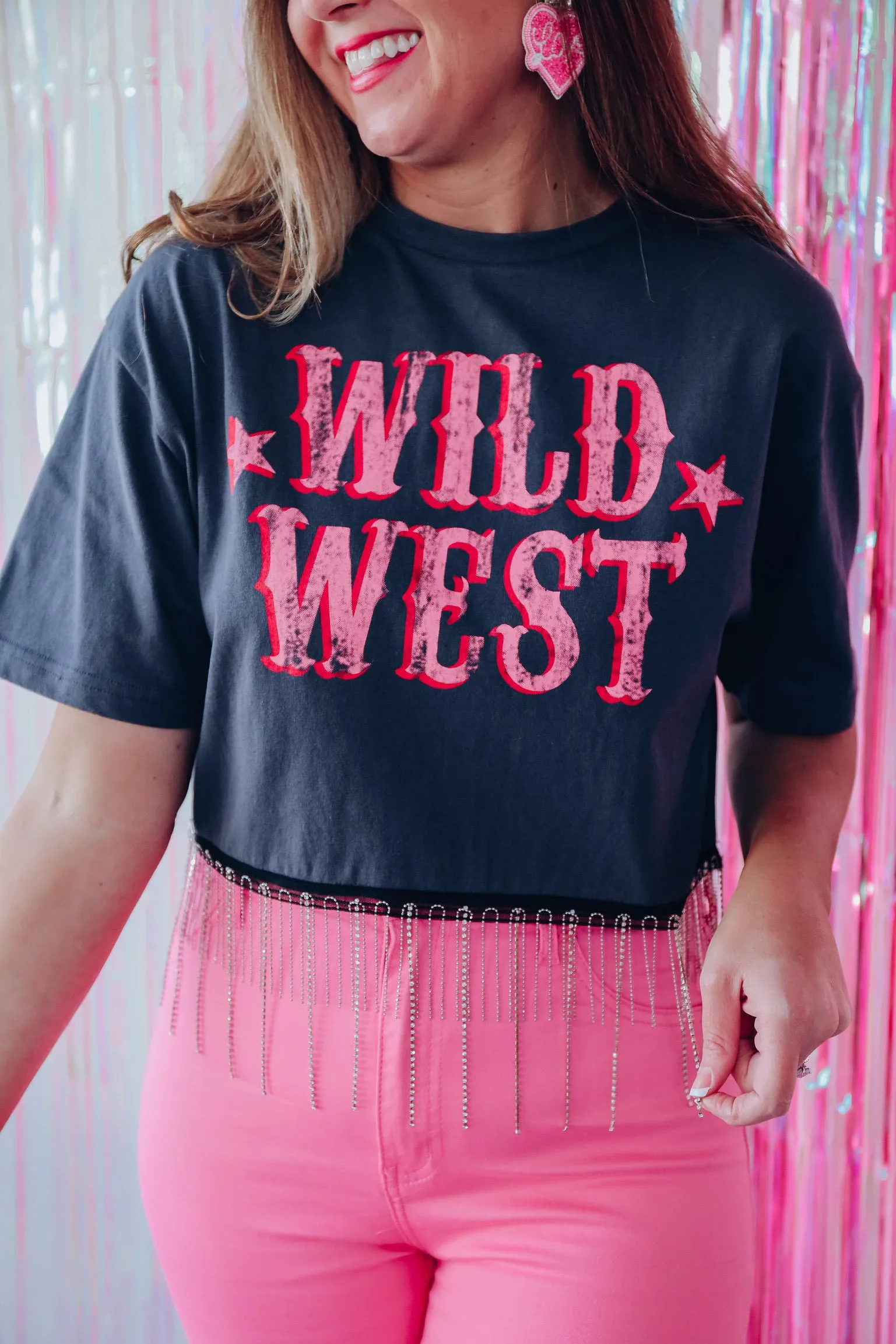 The Wild West Fringe Cropped Graphic Tee - Charcoal