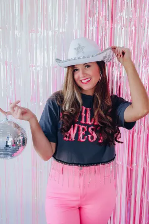 The Wild West Fringe Cropped Graphic Tee - Charcoal