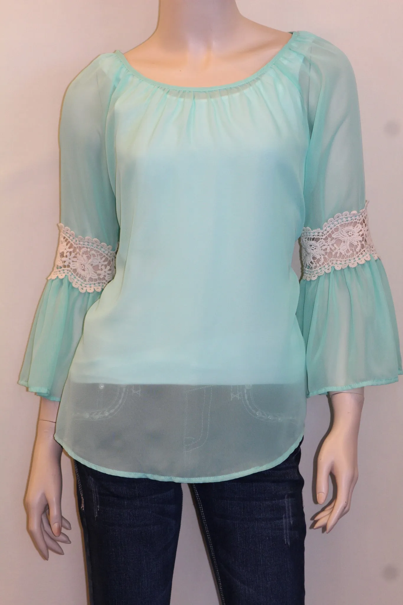 Vanilla Bay | Chiffon Top with Lace Mint