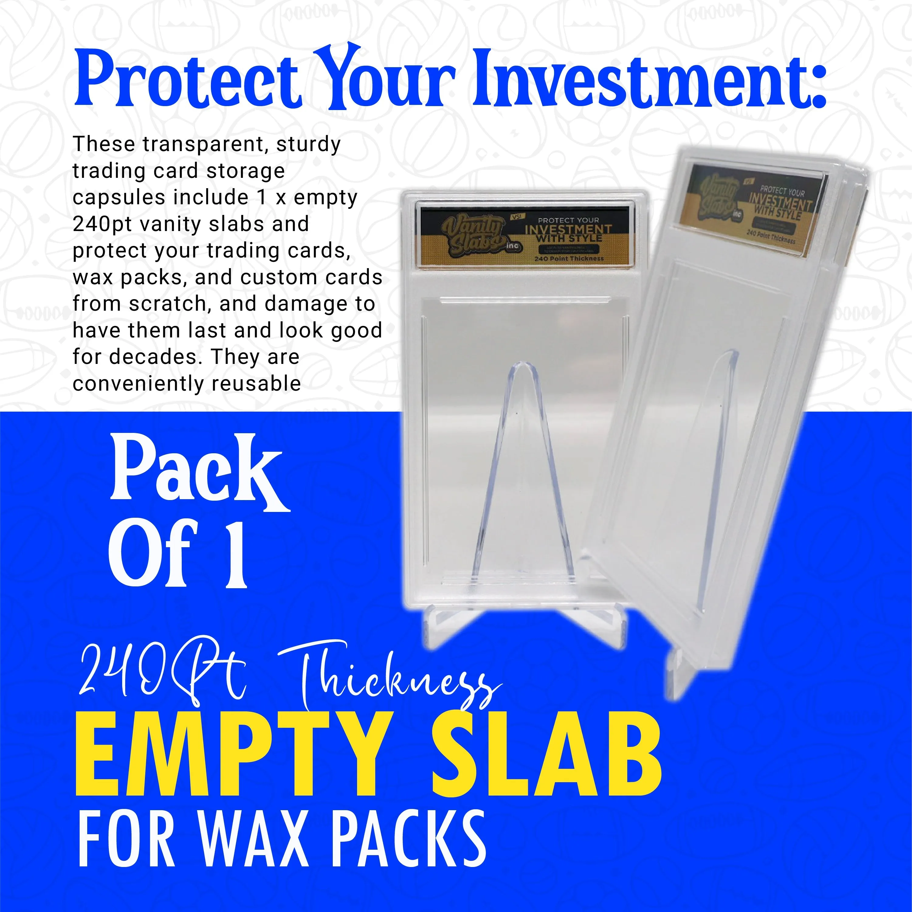 Vanity Slabs 240pt thickness Empty Slab for Wax Packs up to 5 cards thick for Baseball Football Hockey Basketball Cards