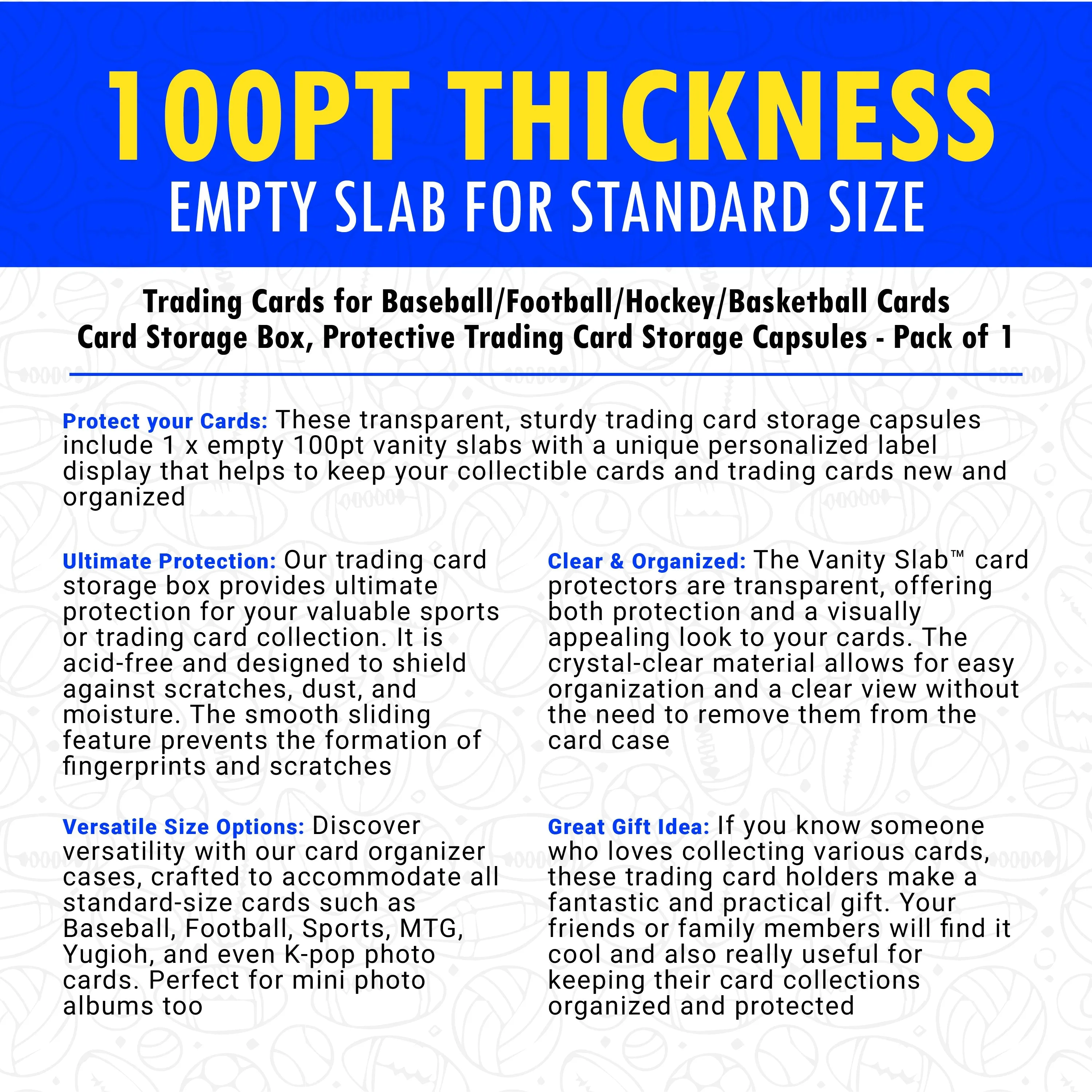 Vanity Slabs Holder 100pt Thickness for Standard Size Trading Cards for Baseball Football Hockey Basketball Cards