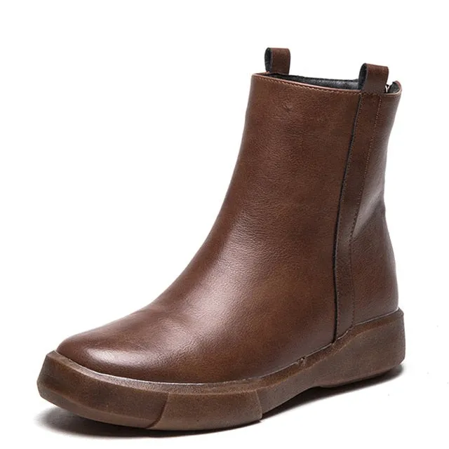 Vintage Flat Women Boots Autumn Winter Round Toe Back Zipper Winter Warm Waterproof Ankle Boots Women Platform Shoes