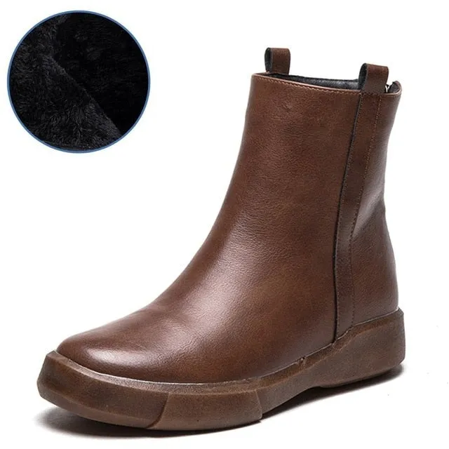 Vintage Flat Women Boots Autumn Winter Round Toe Back Zipper Winter Warm Waterproof Ankle Boots Women Platform Shoes
