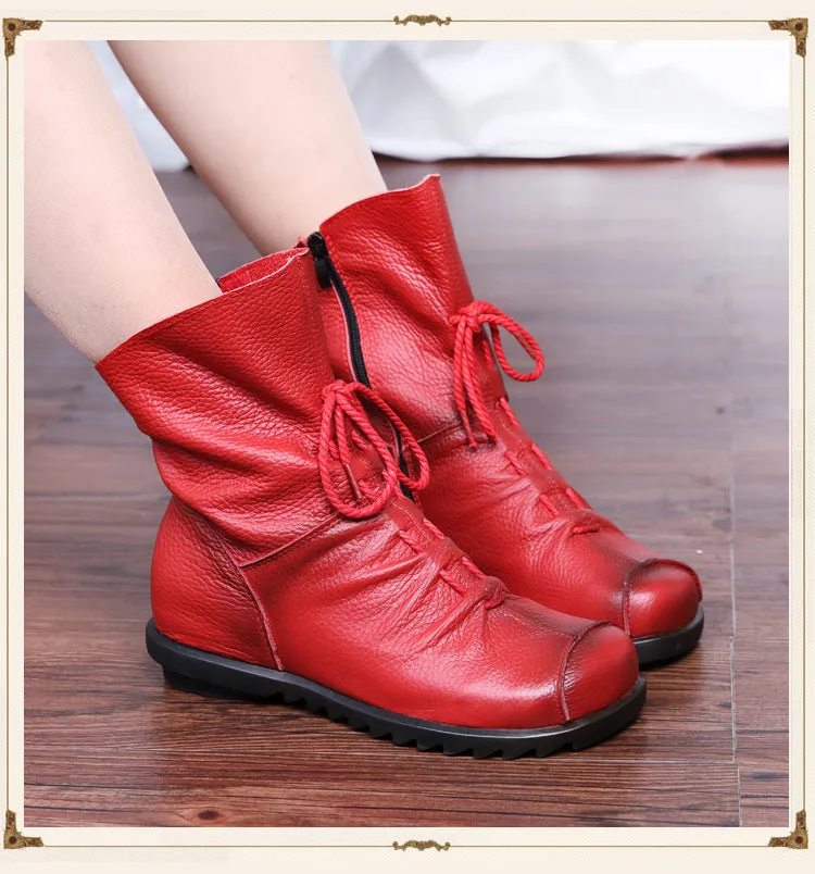 Vintage Leather Martin Boots Warm Chunky Heel Soft Sole Women's Boots