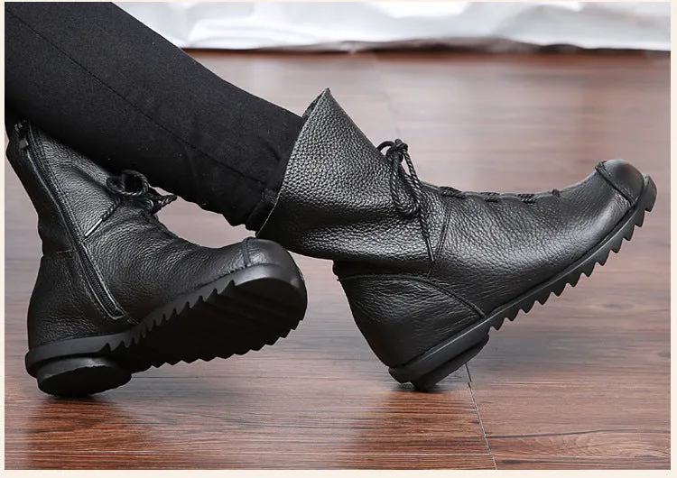 Vintage Leather Martin Boots Warm Chunky Heel Soft Sole Women's Boots