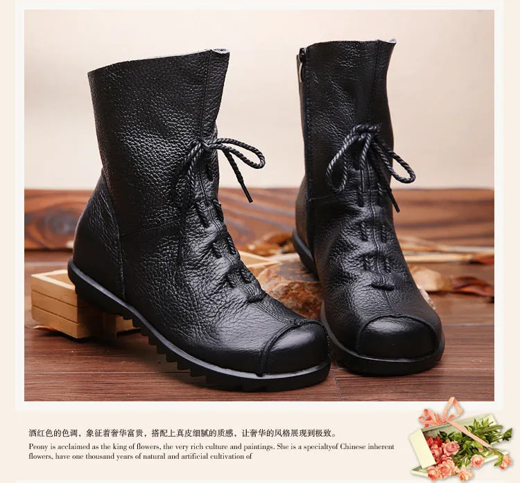 Vintage Leather Martin Boots Warm Chunky Heel Soft Sole Women's Boots