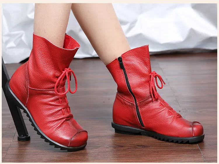 Vintage Leather Martin Boots Warm Chunky Heel Soft Sole Women's Boots