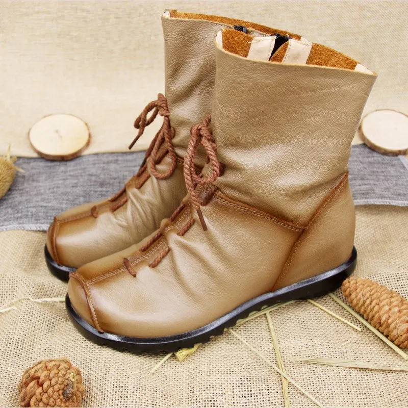 Vintage Leather Martin Boots Warm Chunky Heel Soft Sole Women's Boots