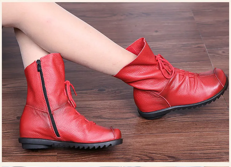 Vintage Leather Martin Boots Warm Chunky Heel Soft Sole Women's Boots