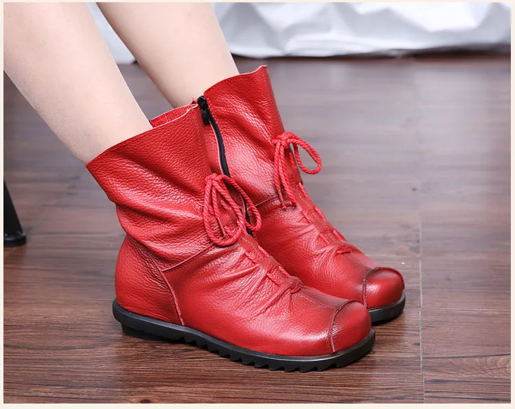 Vintage Leather Martin Boots Warm Chunky Heel Soft Sole Women's Boots