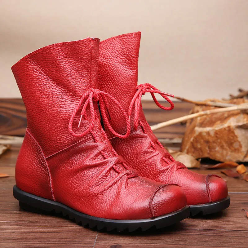 Vintage Leather Martin Boots Warm Chunky Heel Soft Sole Women's Boots