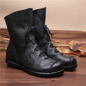Vintage Leather Martin Boots Warm Chunky Heel Soft Sole Women's Boots